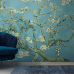 Tapet Zen Oriental cu copac inflorit pictat cu fundal albastru - BLUE TREE ORIENTAL