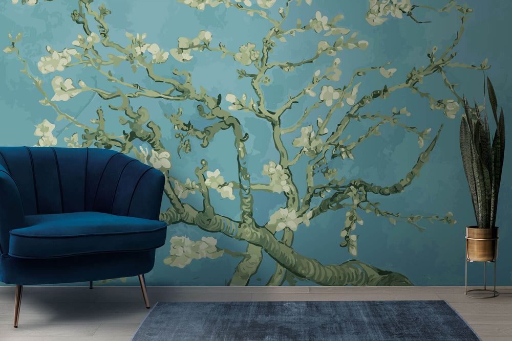 Tapet Zen Oriental cu copac inflorit pictat cu fundal albastru - BLUE TREE ORIENTAL