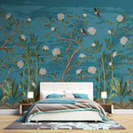 Tapet Zen Oriental cu copaci infloriti si pasari pe un fundal albastru - BLUE TREES CHINOISERIE