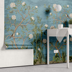 Tapet Zen Oriental cu copaci infloriti si pasari pe un fundal albastru - BLUE TREES CHINOISERIE