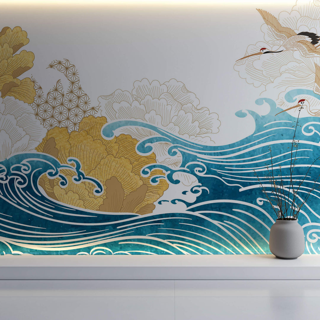Tapet Zen Oriental cu ilustratie japoneza cu valuri si egrete - JAPANESE WAVES