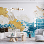 Tapet Zen Oriental cu ilustratie japoneza cu valuri si egrete - JAPANESE WAVES