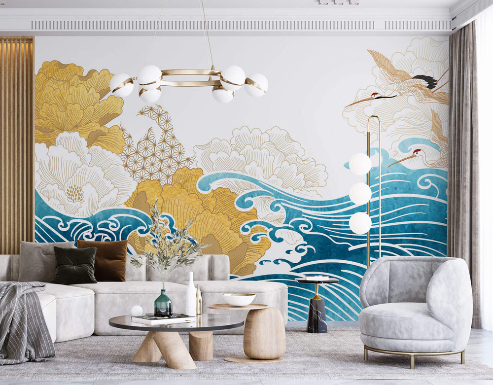 Tapet Zen Oriental cu ilustratie japoneza cu valuri si egrete - JAPANESE WAVES