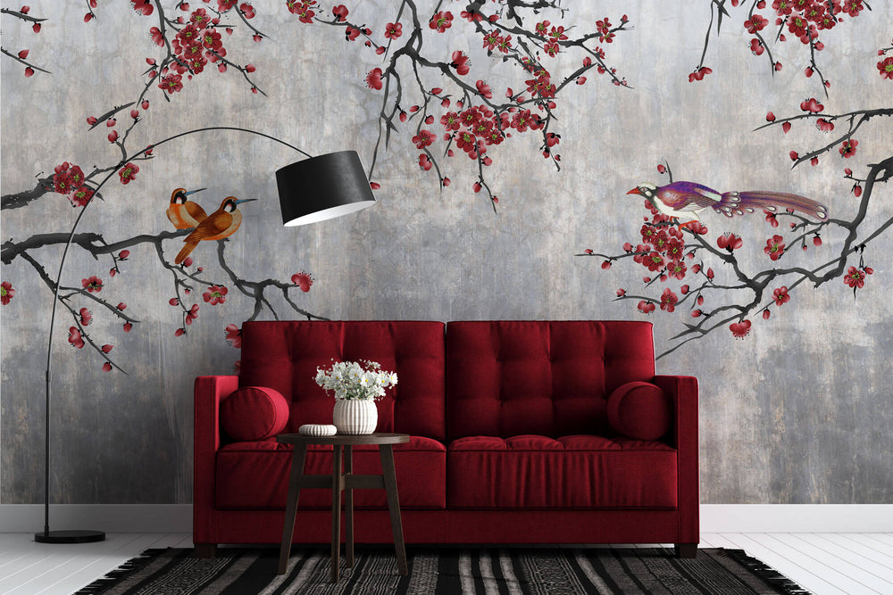 Tapet Zen Oriental cu pruni rosii chinezesti si pasari - CONCRETE RED PLUM TREE