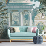 Tapet Zen Oriental cu cupole de piatra si pauni - BLUE ORIENTAL GARDEN