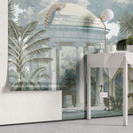Tapet Zen Oriental cu cupole de piatra si pauni - BLUE ORIENTAL GARDEN