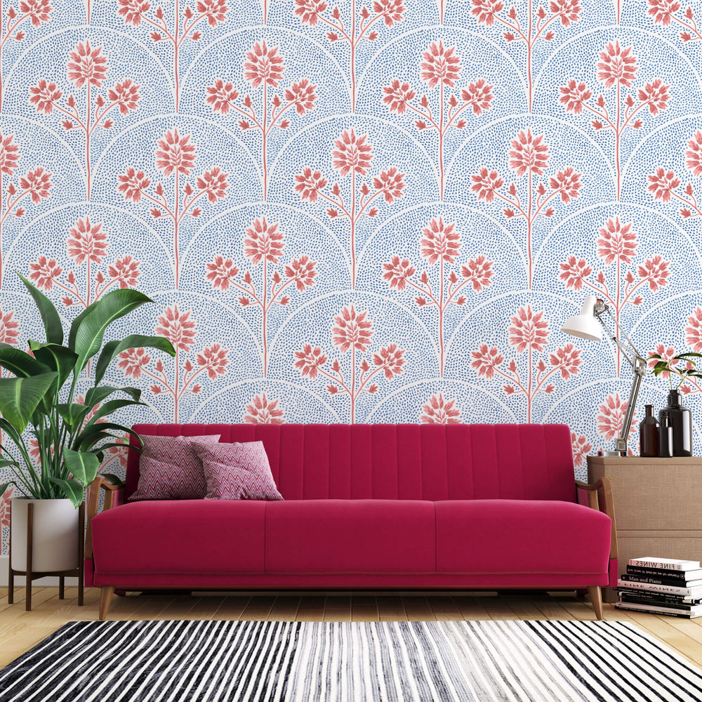 Tapet Zen Oriental cu model abstract floral in nuante de rosu si albastru - ARCOS CORAL