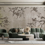 Tapet Zen Oriental cu pruni asiatici si pasari sepia - SEPIA PLUM TREE