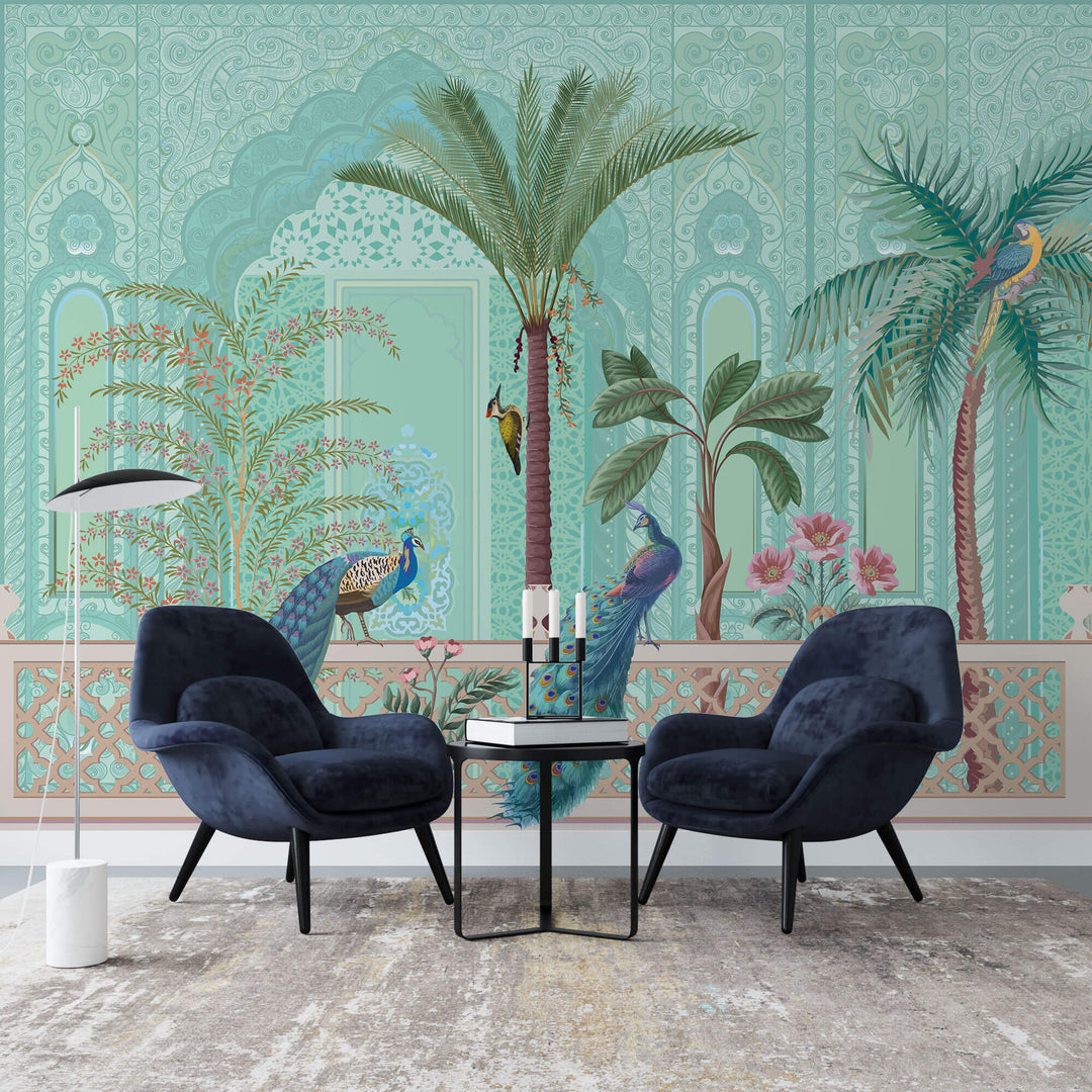 Tapet Zen Oriental cu gradina asiatica pasari si perete mosaic - GREEN ORIENTAL VERANDA