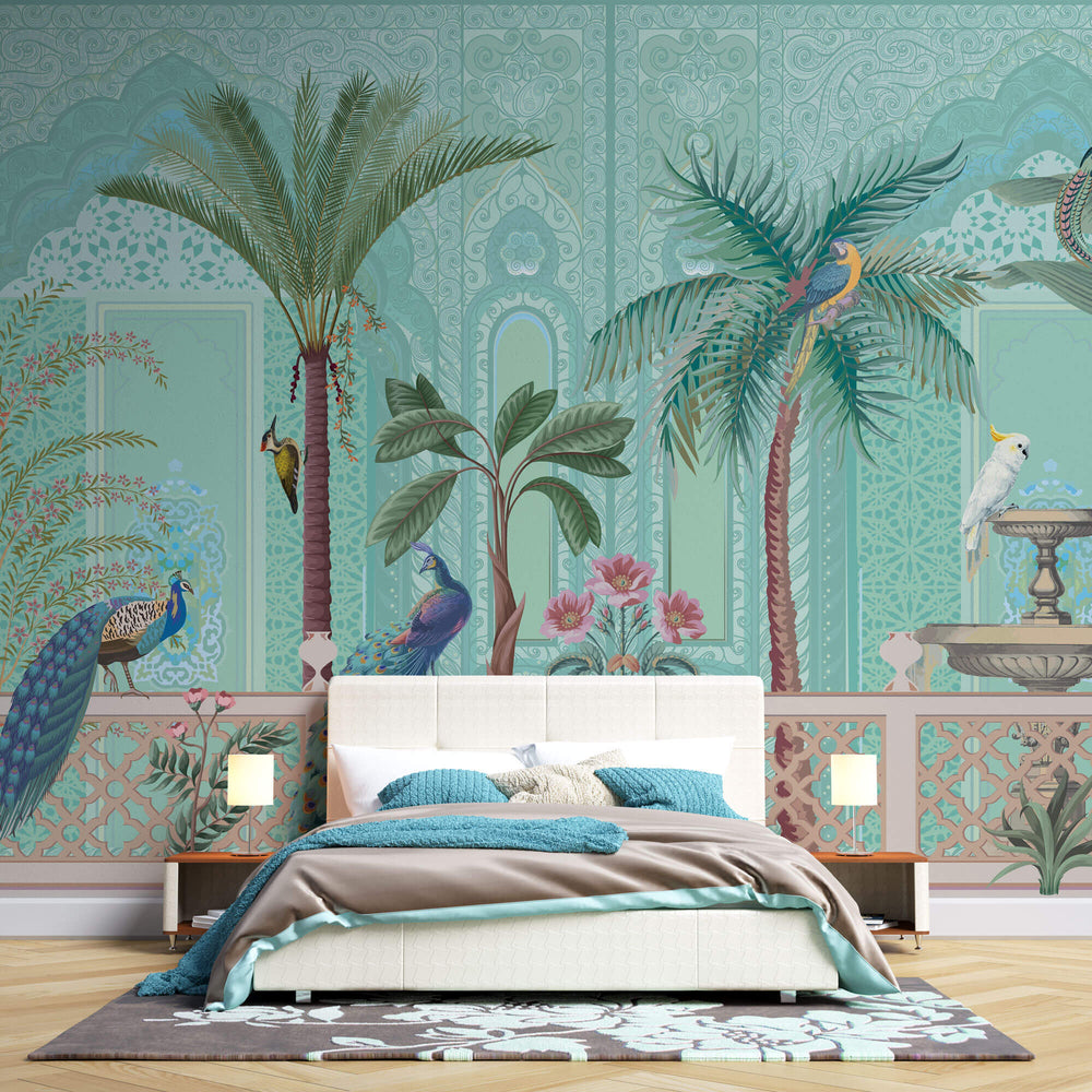 Tapet Zen Oriental cu gradina asiatica pasari si perete mosaic - GREEN ORIENTAL VERANDA