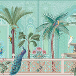 Tapet Zen Oriental cu gradina asiatica pasari si perete mosaic - GREEN ORIENTAL VERANDA