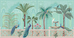 Tapet Zen Oriental cu gradina asiatica pasari si perete mosaic - GREEN ORIENTAL VERANDA