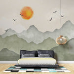 Tapet Zen Oriental cu munti verzi si apus - GREEN MOUNTAINS SUNSET