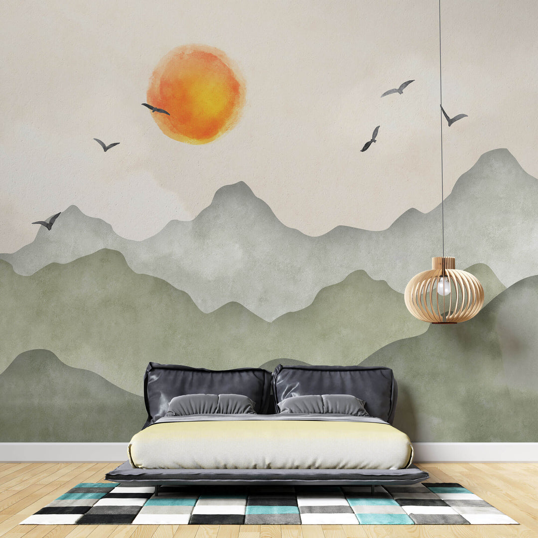 Tapet Zen Oriental cu munti verzi si apus - GREEN MOUNTAINS SUNSET