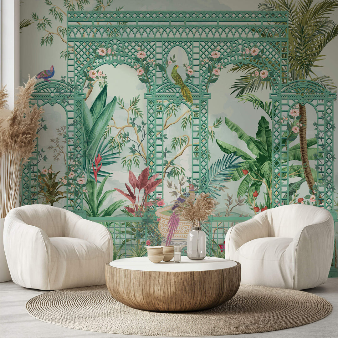 Tapet Zen Oriental cu gradina inflorita si pasari in nuante de verde - ZEN FOUNTAIN GREEN