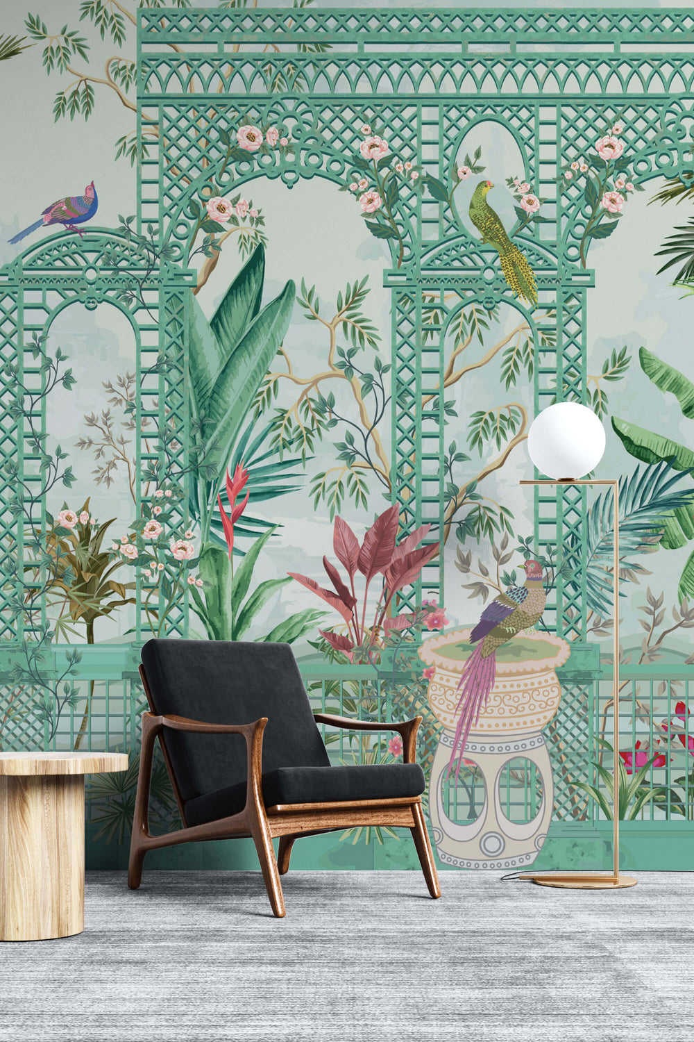 Tapet Zen Oriental cu gradina inflorita si pasari in nuante de verde - ZEN FOUNTAIN GREEN