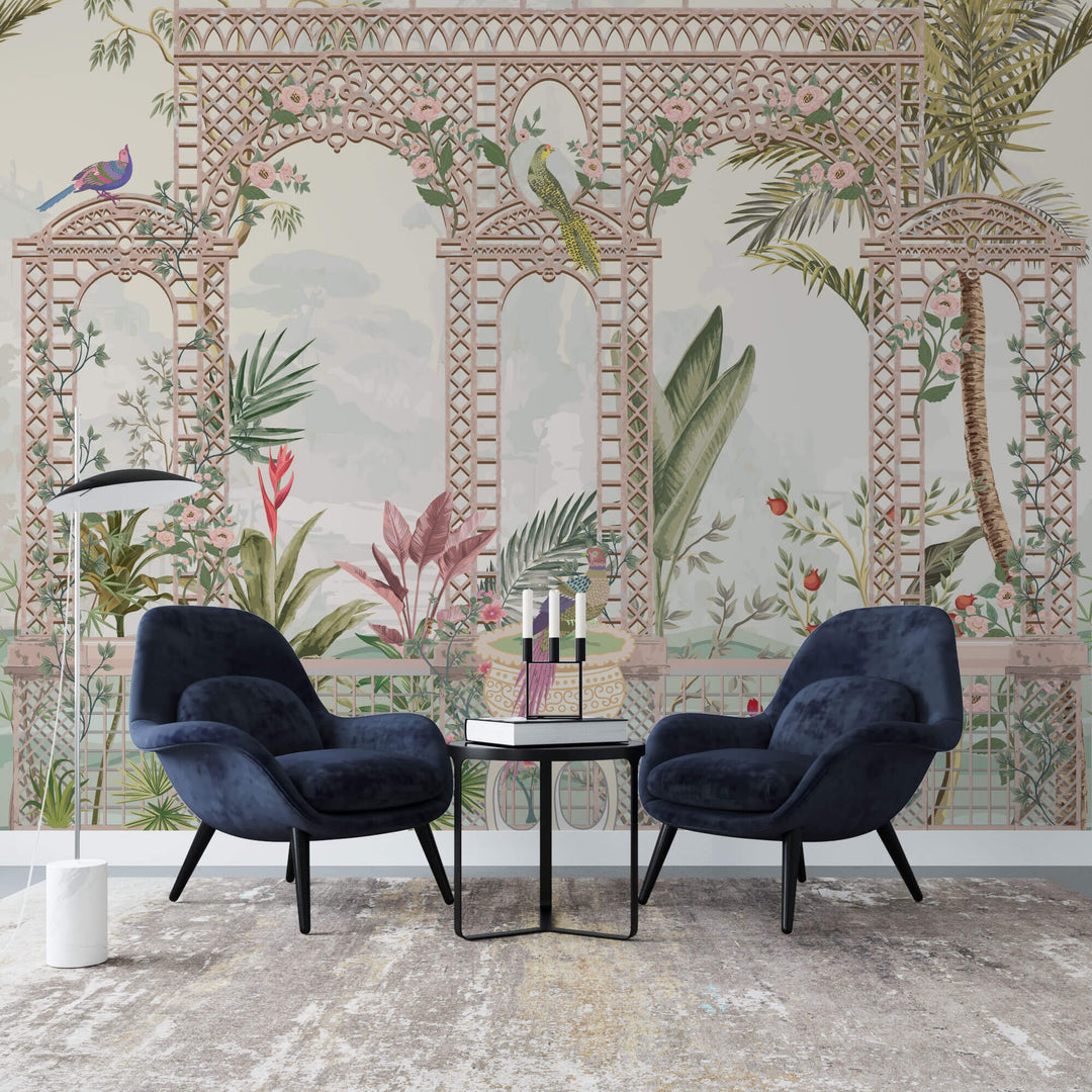 Tapet Zen Oriental cu gradina inflorita si pasari in nuante de roz - ZEN FOUNTAIN BROWN