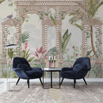 Tapet Zen Oriental cu gradina inflorita si pasari in nuante de roz - ZEN FOUNTAIN BROWN