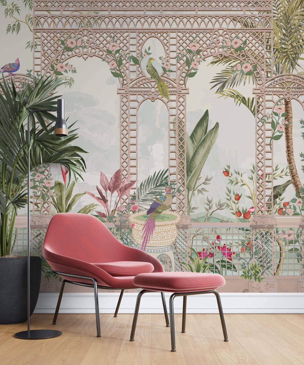 Tapet Zen Oriental cu gradina inflorita si pasari in nuante de roz - ZEN FOUNTAIN BROWN