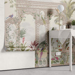 Tapet Zen Oriental cu gradina inflorita si pasari in nuante de roz - ZEN FOUNTAIN BROWN