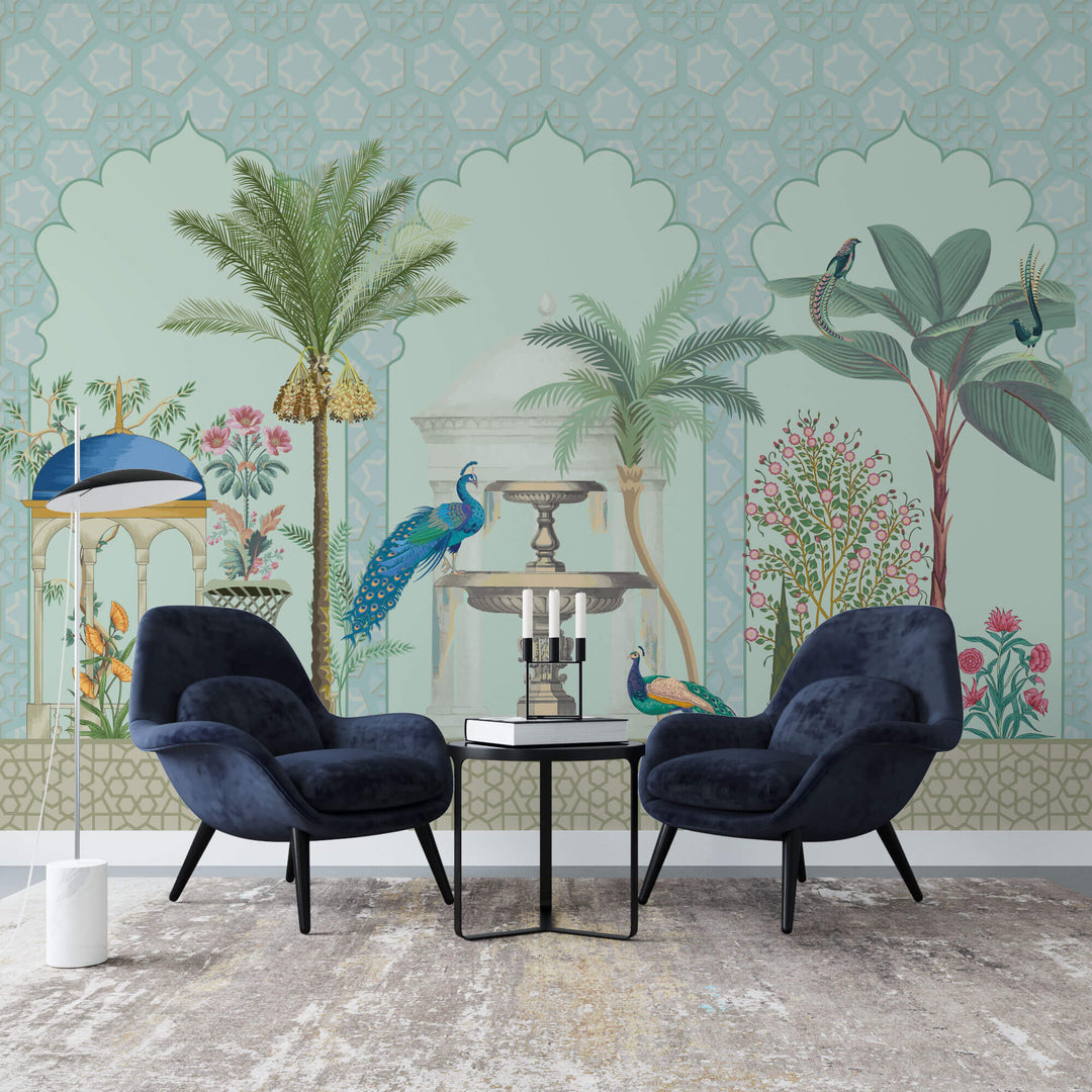 Tapet Zen Oriental cu gradina indiana cu pauni si fantana - BLUE PEACOCK TEMPLE