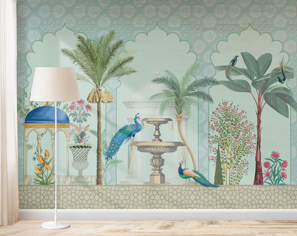 Tapet Zen Oriental cu gradina indiana cu pauni si fantana - BLUE PEACOCK TEMPLE