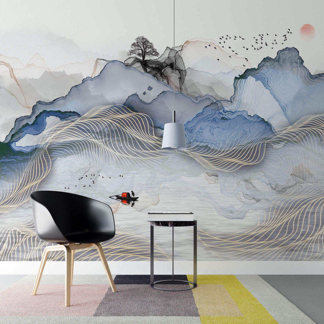 Tapet Zen Oriental cu peisaj abstract montan si elemente asiatice - WAVY LANDSCAPE