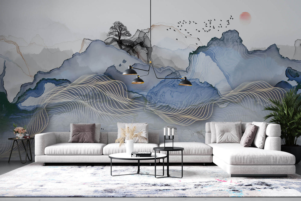 Tapet Zen Oriental cu peisaj abstract montan si elemente asiatice - WAVY LANDSCAPE