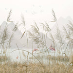 Tapet Zen Oriental cu peisaj montan cu flamingo si vegetatie - SEA GRASS FLAMINGO