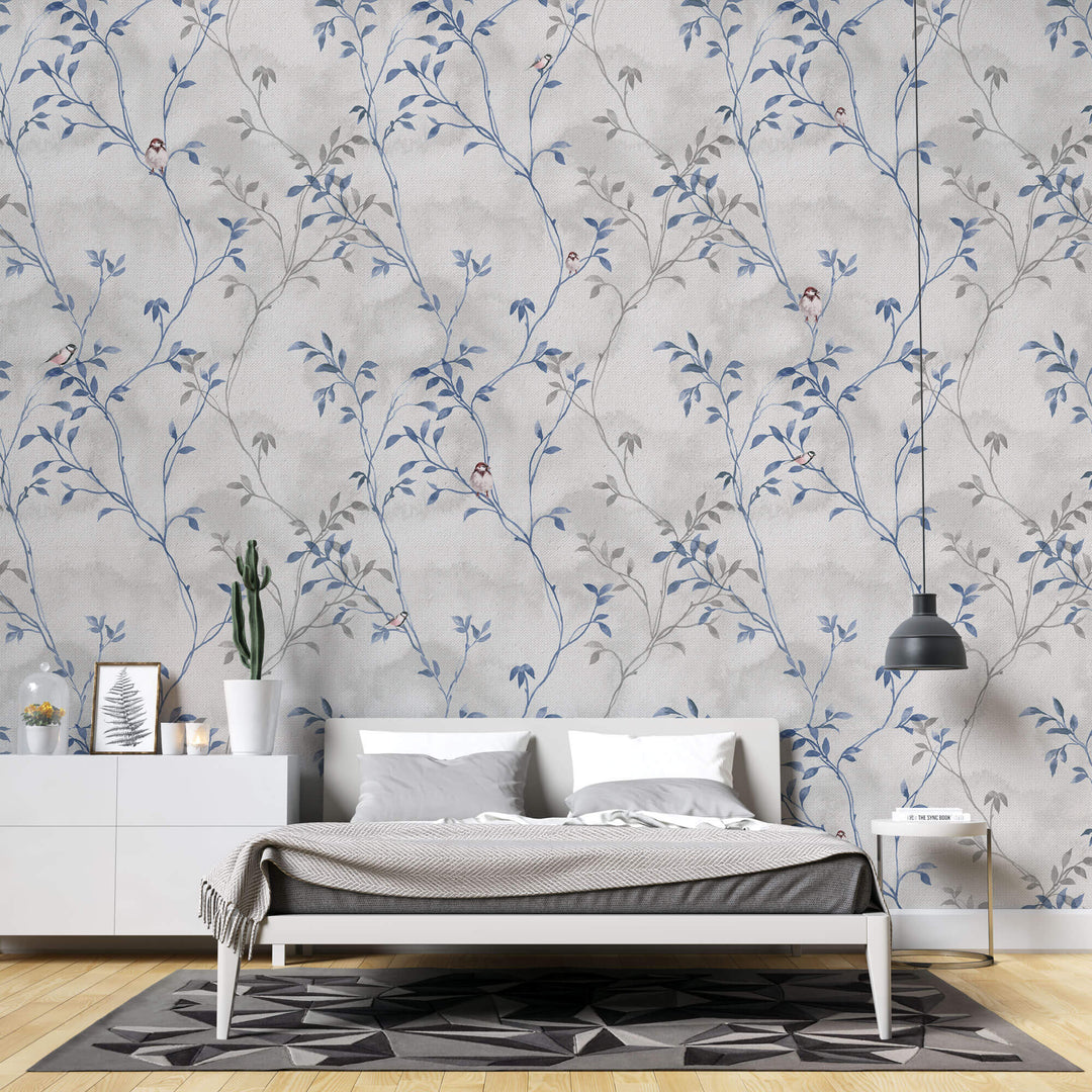 Tapet Zen Oriental cu frunze albastre si gri si pasari pe un fundal texturat - BLUE PRINTED PORCELAIN