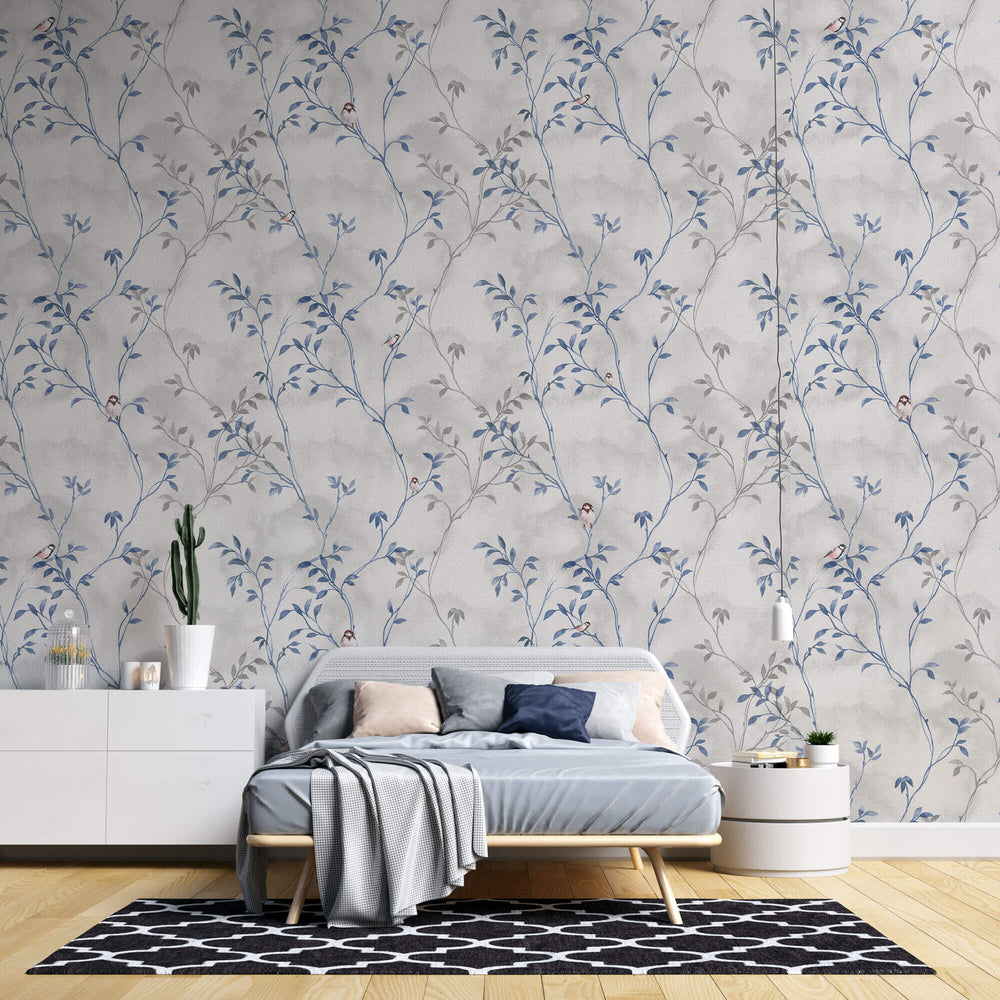 Tapet Zen Oriental cu frunze albastre si gri si pasari pe un fundal texturat - BLUE PRINTED PORCELAIN