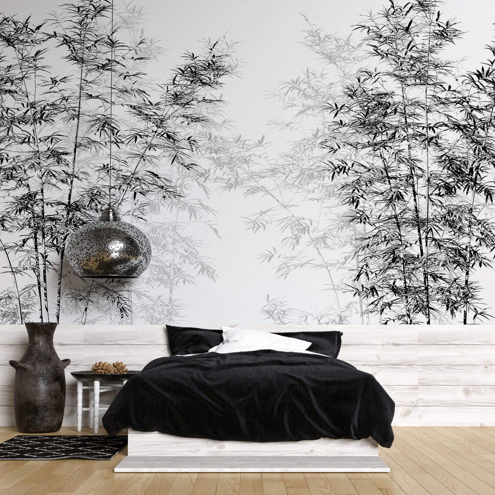 Tapet Zen Oriental cu bambusi negri inalti - BLACK INK BAMBOO