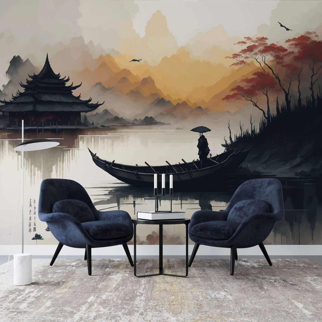 Tapet Zen Oriental cu casa traditionala asiatica si apus de soare peste munti - ANCIENT REFLECTIONS
