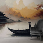 Tapet Zen Oriental cu casa traditionala asiatica si apus de soare peste munti - ANCIENT REFLECTIONS