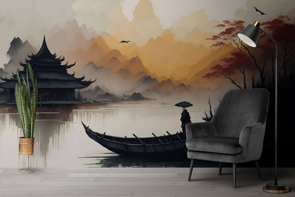 Tapet Zen Oriental cu casa traditionala asiatica si apus de soare peste munti - ANCIENT REFLECTIONS