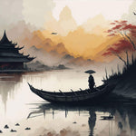 Tapet Zen Oriental cu casa traditionala asiatica si apus de soare peste munti - ANCIENT REFLECTIONS