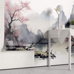 Tapet Zen Oriental cu munti inalti si ciresi infloriti cu aspect neclar - MOUNTAIN CHERRY TREES