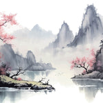 Tapet Zen Oriental cu munti inalti si ciresi infloriti cu aspect neclar - MOUNTAIN CHERRY TREES