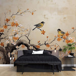 Tapet Zen Oriental cu copaci infloriti in nuante de portocaliu si pasari - FLORAL PERCH