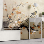 Tapet Zen Oriental cu copaci infloriti in nuante de portocaliu si pasari - FLORAL PERCH
