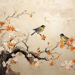 Tapet Zen Oriental cu copaci infloriti in nuante de portocaliu si pasari - FLORAL PERCH