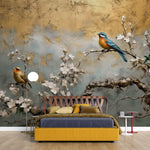 Tapet Zen Oriental cu cires alb inflorit si pasari - PLASTER GOLD CHINOISERIE
