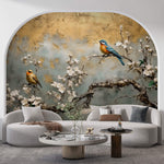 Tapet Zen Oriental cu cires alb inflorit si pasari - PLASTER GOLD CHINOISERIE