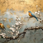 Tapet Zen Oriental cu cires alb inflorit si pasari - PLASTER GOLD CHINOISERIE