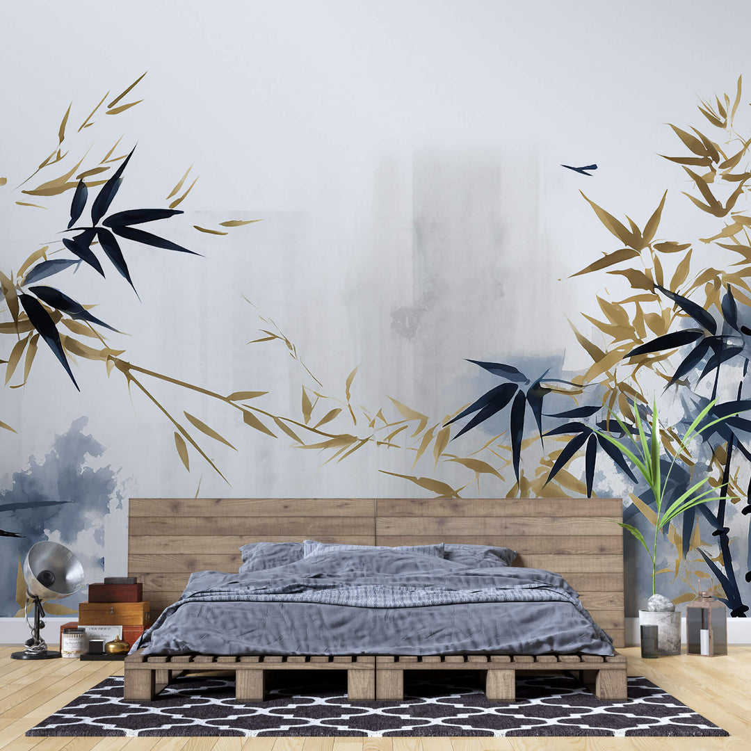 Tapet Zen Oriental cu bambusi albastri si bej - SERENE BAMBOO