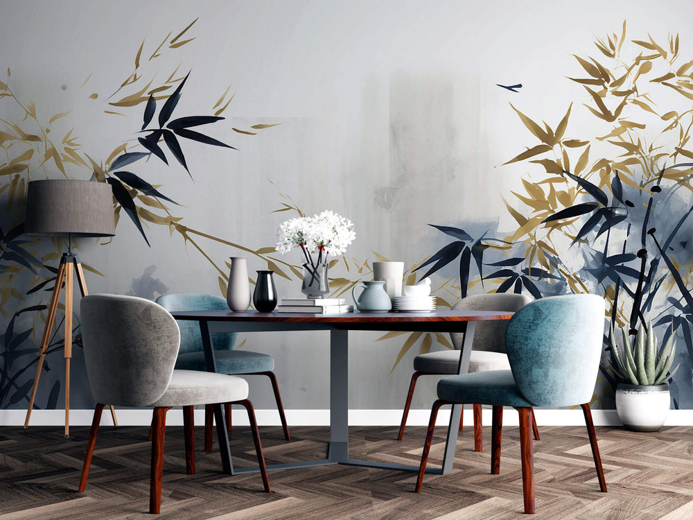 Tapet Zen Oriental cu bambusi albastri si bej - SERENE BAMBOO