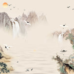 Tapet Zen Oriental cu peisaj traditional montan asiatic cu egrete si case - TRADITIONAL MOUNTAIN VILLAGE