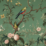 Tapet Zen Oriental cu copac inflorit si pasari pe un fundal verde - VINTAGE AVIAN BLOOMS