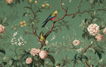 Tapet Zen Oriental cu copac inflorit si pasari pe un fundal verde - VINTAGE AVIAN BLOOMS