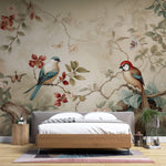 Tapet Zen Oriental cu copac inflorit si pasari intr-un fundal vintage - FEATHERED HARMONY
